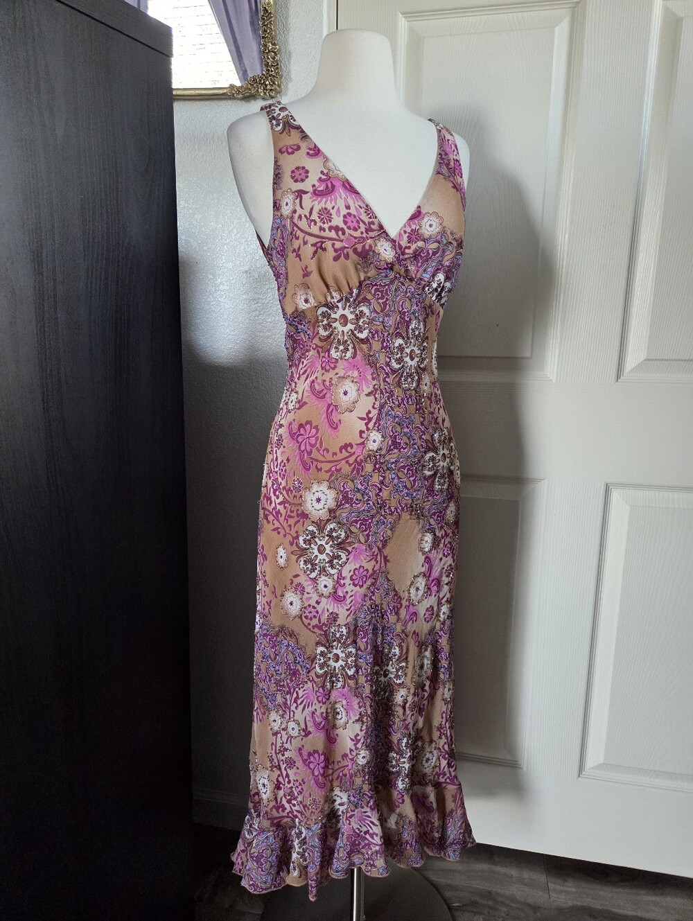 Y2k Vintage Pink Filigree Beaded Fairy Slip Dress Ruffle Hem Size 6 New With Tag